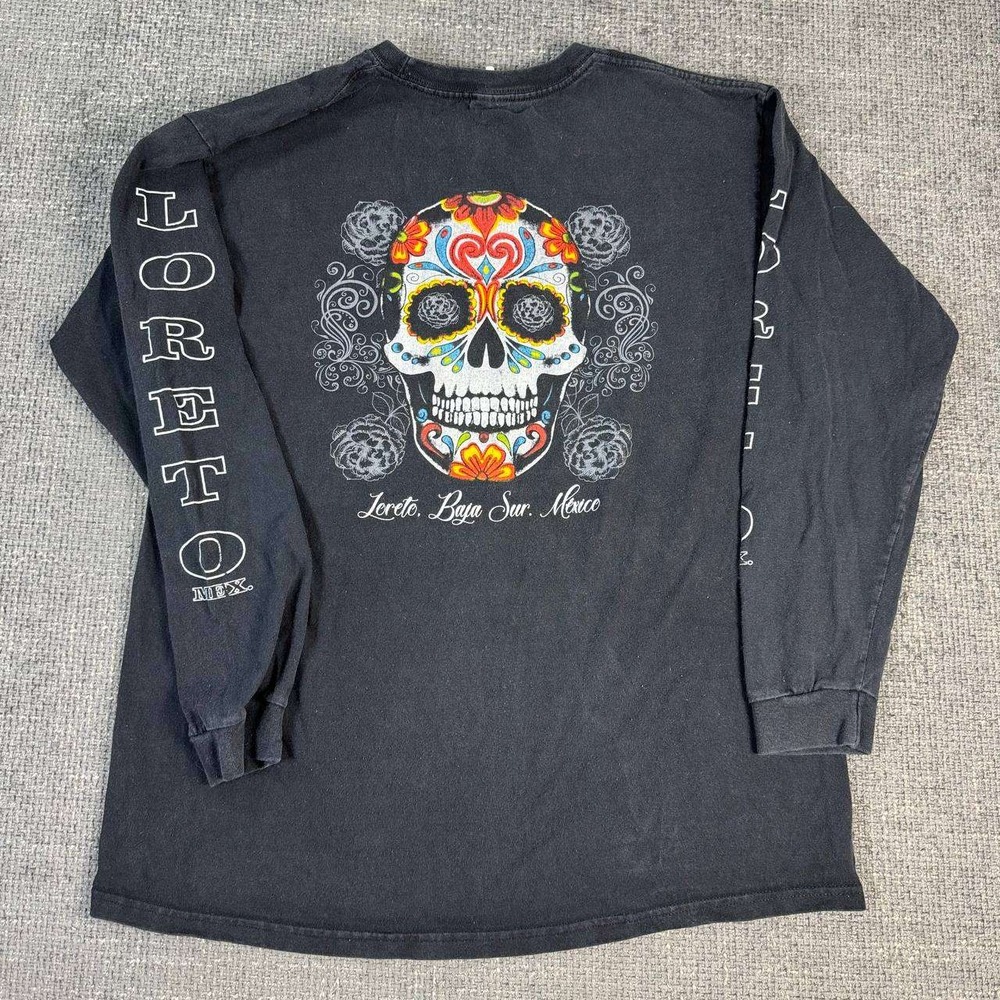Loreto Mexico Sugar Skull Long Sleeve Graphic Tee Mens Large Black Y2K Souvenir